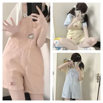 Kawaii Лето Ins Стиль Мода Sanrio Hellokitty Cinnamoroll Рабочая Одежда Шорты на Бретельках Для Милых Девочек Свободные Джинсовые Брюки в Стиле Колледжа