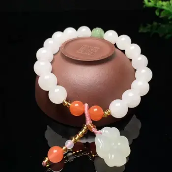 Красивое ожерелье из натурального хотанского белого жадеита 7 мм с бусинами из красного халцедона