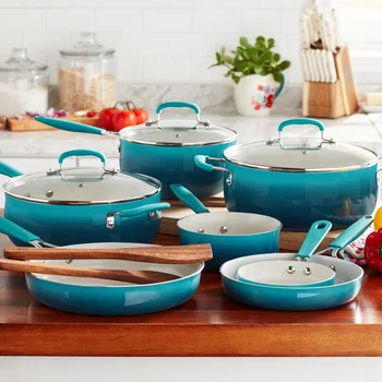 Набор Классической керамической посуды с фарфоровой эмалью из 12 предметов, кухонные принадлежности цвета Омбре Бирюзового цвета, кастрюли, сковородки и столовые приборы