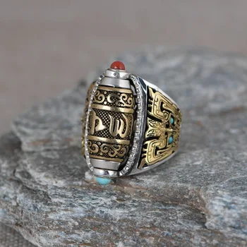 Тибетское Молитвенное кольцо Ручной работы из Серебра 925 пробы, Буддийское кольцо ОМ Мани Падме Хум, Кольцо Для Поворота Удачи, Изменяемое по размеру